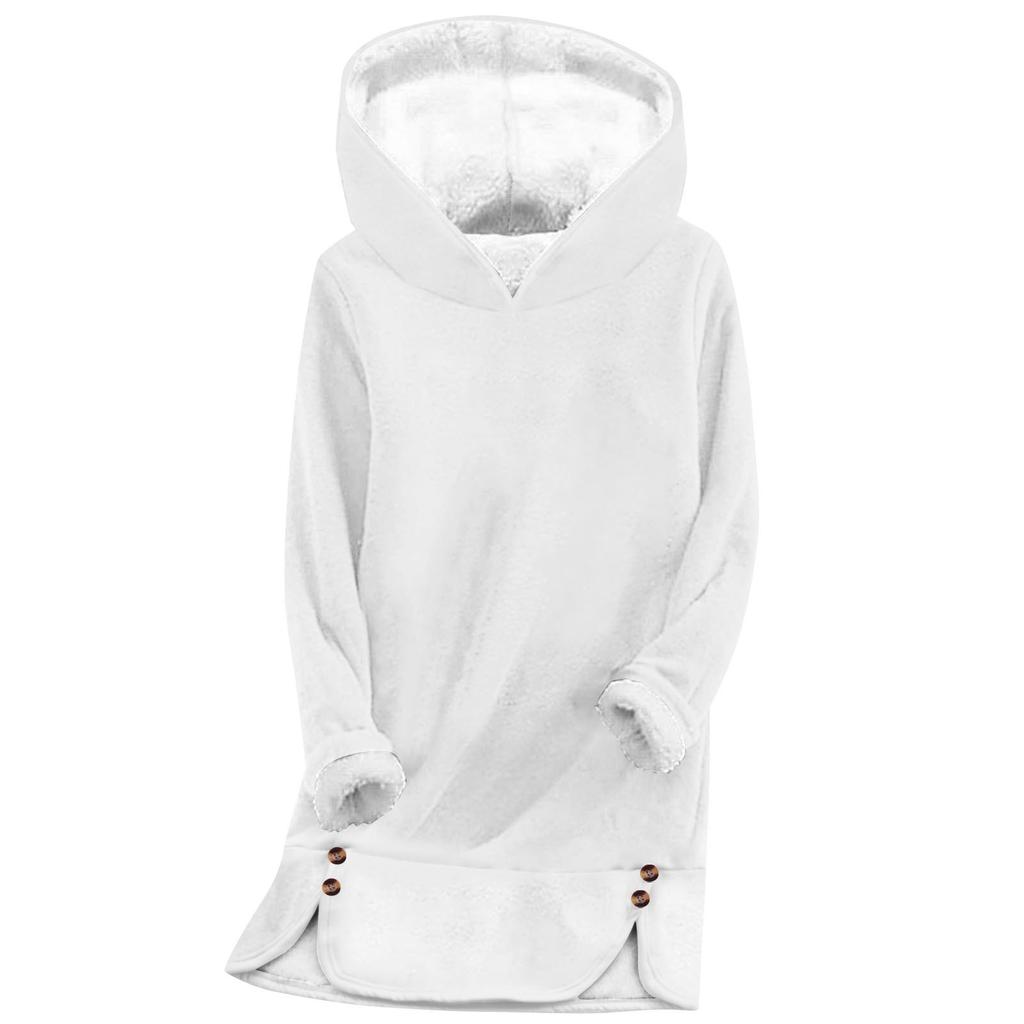 Women's Fashionable Solid Color Hooded Long Sleeved Plush Versatile Warm Bottom Shirt Top