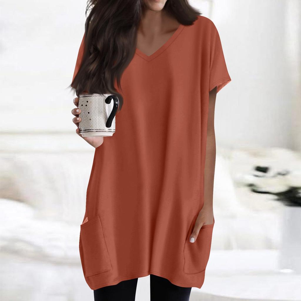 Womens Tops V-neck Short Sleeve Blouses Casual Mid-length Shirts Fashion Print Tunic Tops With Pockets