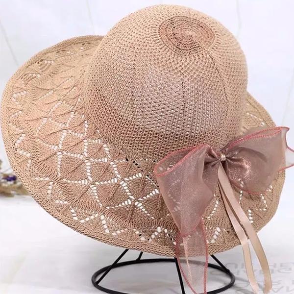 WTEMPO Lace Bow Female Solid Color Wide Brim Travel Beach Hollow-out Breathable Sun Hats Women's Spring Summer Foldable SunscreenHats