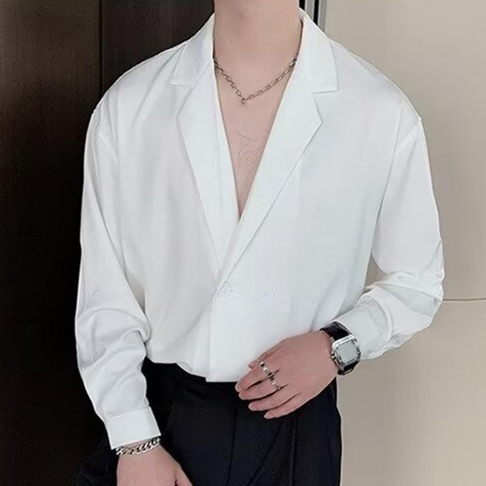 Spring Men Shirt Turn-down Collar Ice Silk V Neck Loose Double Buttons Solid Color Baggy Loose Soft Breathable Long Sleeves Male
