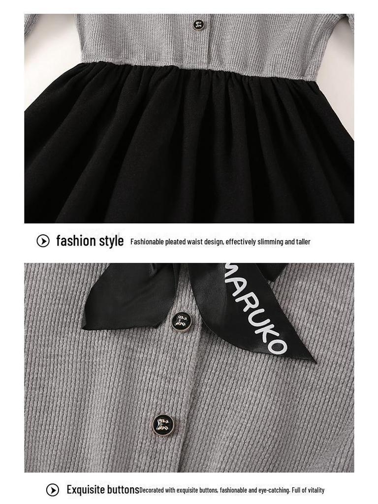 Осеннее платье для девочек в корейском стиле 2024 года с бантом и юбкой с воротником-рубашкой