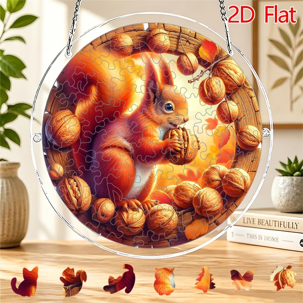 2D Flat, 2D Flat Acrylic Jigsaw Puzzle Sun Catcher, 83pcs, Squirrel and Walnut Harvest Theme Sun Catcher Puzzle, Home and Garden Decoration, Gift for