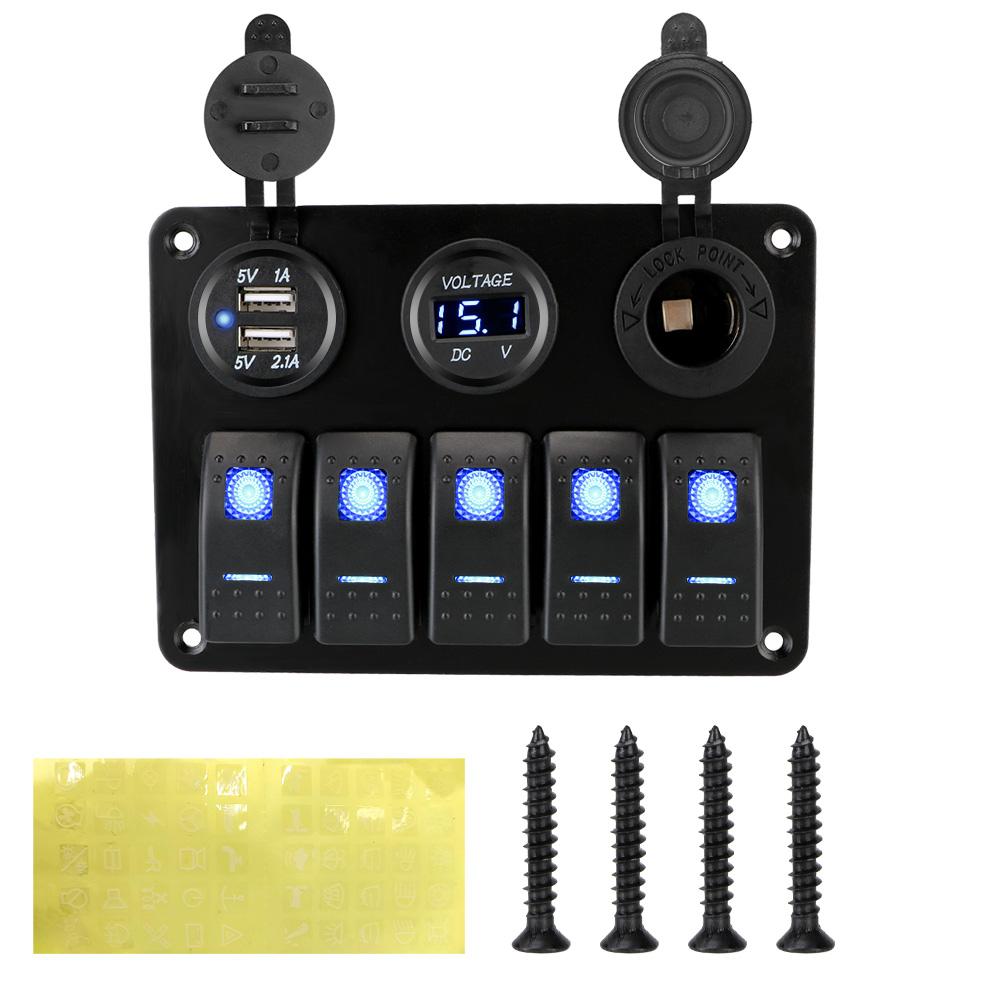 With Fuse USB Chargers Socket 12V 24V Car Light Toggle 5 Buttons LED Rocker Switch Panel Boat Digital Voltage Test Accessories