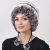 Women's Floral Rabbit Fur Hat Knitted Winter Beanie with Split Balls, Thick Warm Liner & Elastic Band for Outdoor