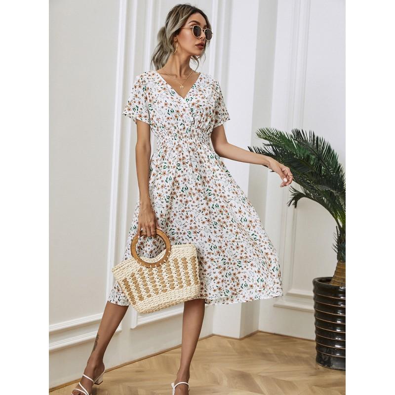 Womens Short Sleeve Floral Print Dress Loose V-Neck Casual Mid-Length