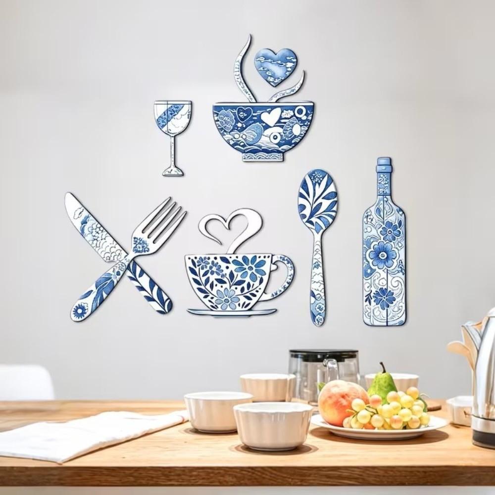 8PCS/SET Fork Wooden Wall Sticker Ornaments Floral Coffee Element Wall Plaques Cafe Decoration