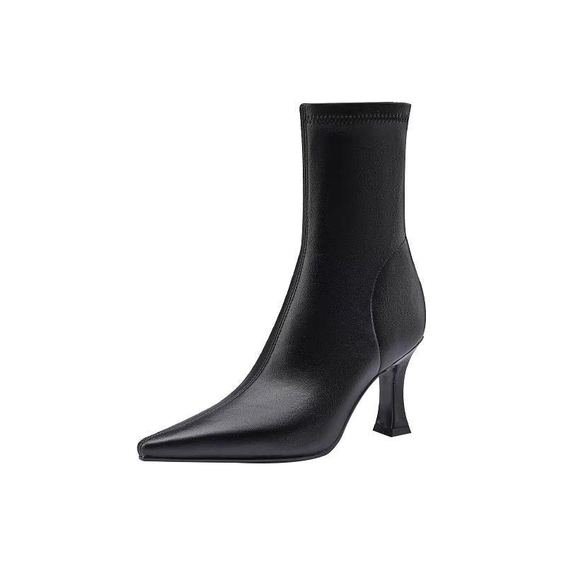 Модные короткие сапоги женские на высоком каблуке осень и зима 2024 г. Новые тонкие каблуки темпераментные застежка-молния заостренные эластичные тонкие сапоги женские