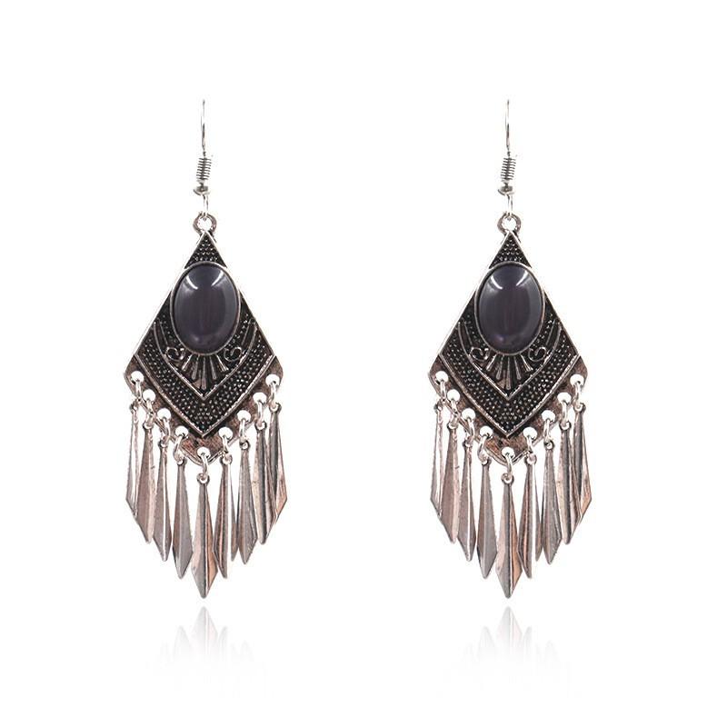 GemChic женские новые винтажные ромбовидные серьги с бахромой из натурального камня, длинные кисточки, этнические модные серьги-крючки, подарок на день рождения, Рождество