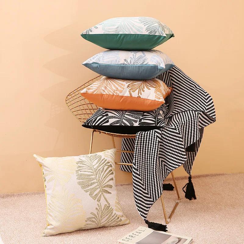 45X45Cm Throw Pillow Case Leaf Pattern Square Decorative Embroidery Jacquard Cushion Cover For Farmhouse Home Holiday Decor Blue