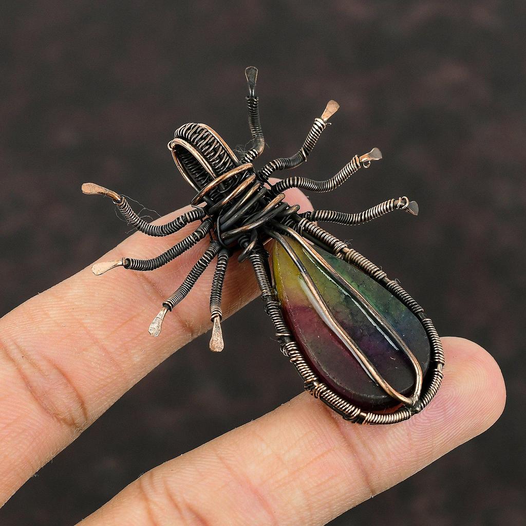 Радужный солнечный кварцевый кулон-друзи, кулон из медной проволоки, кулон ручной работы, ювелирные изделия из медной проволоки, кулон-паук для подарка, кулон с драгоценным камнем для нее