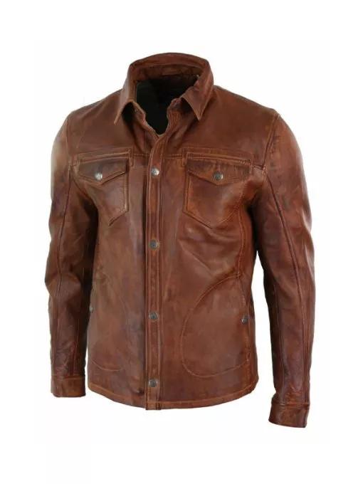 Handmade Stylish Casual Biker Motorcycle Real Lambskin Brown Men's Leather Shirt