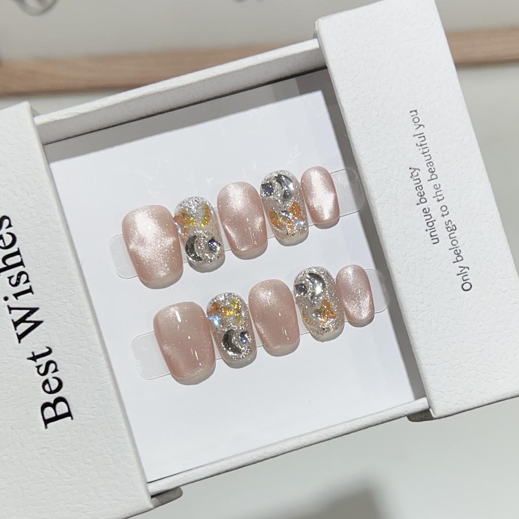 Daily Short Wear Armor Handmade Water-light Corrugated Cat Eye Nail Art Bursting and Broken Diamond Fake Nail Patch Removable Nail Patch