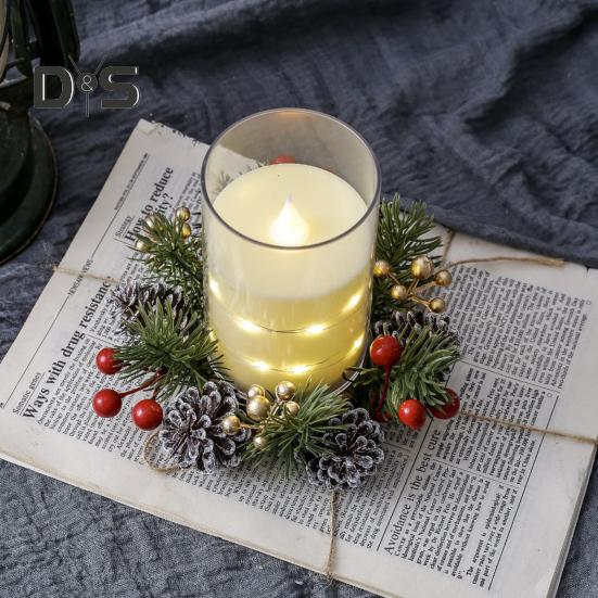 Christmas Candle Ring Artificial Pine Needle Pinecone Berries Garland Rustic Festive Candle Wreath for Home Table Centerpiece Decor