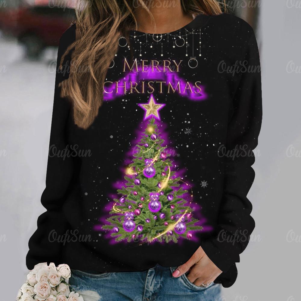 Женская футболка с принтом «Рождественская елка», праздничная одежда для женщин, осенние свободные топы с круглым вырезом и длинными рукавами, женский пуловер в стиле Харадзюку