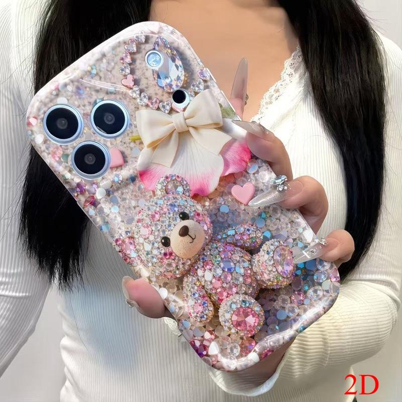 Милый Сияющий Медведь из Страз 2D Узор Чехол для Телефона Для iPhone 11 12 13 14 15 16 17 Pro Max 16e 17e 15 14 Plus Чехол с Волнистым Краем