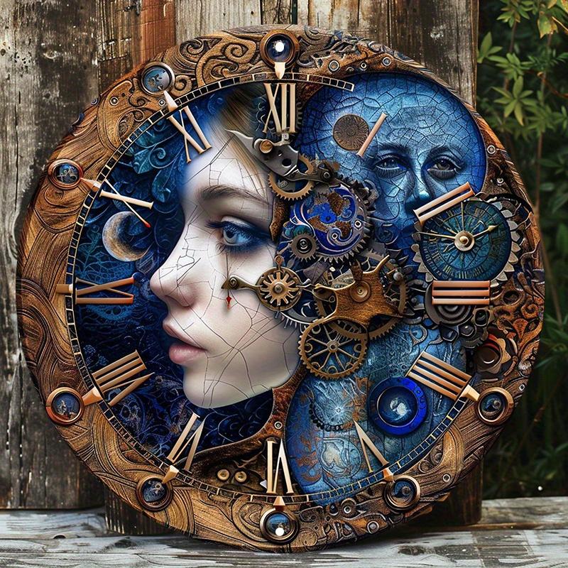 Steampunk Gear Clock Design Wooden Sign, Round Wooden Door Hanger, Wall Decor, Ideal for Home, Office, Outdoor Spaces