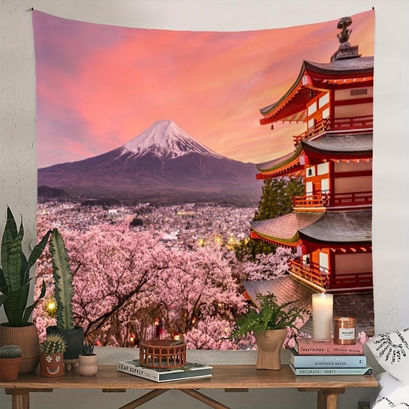 VIKAMA Japanese Style Mount Fuji Cherry Blossom Sunset Tapestry, Spring Scenery Background Cloth, Room Decoration