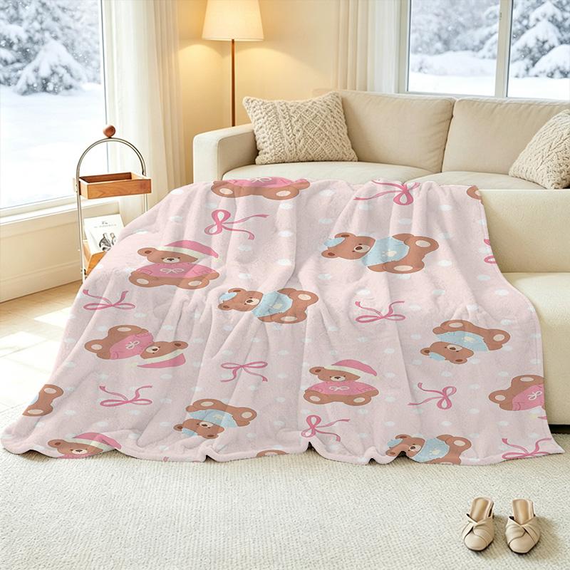 Year-Round Thick Flannel Blanket: Cute Bear Design, Soft Cozy Throw for Single Guest Room, Halloween & Christmas Essential