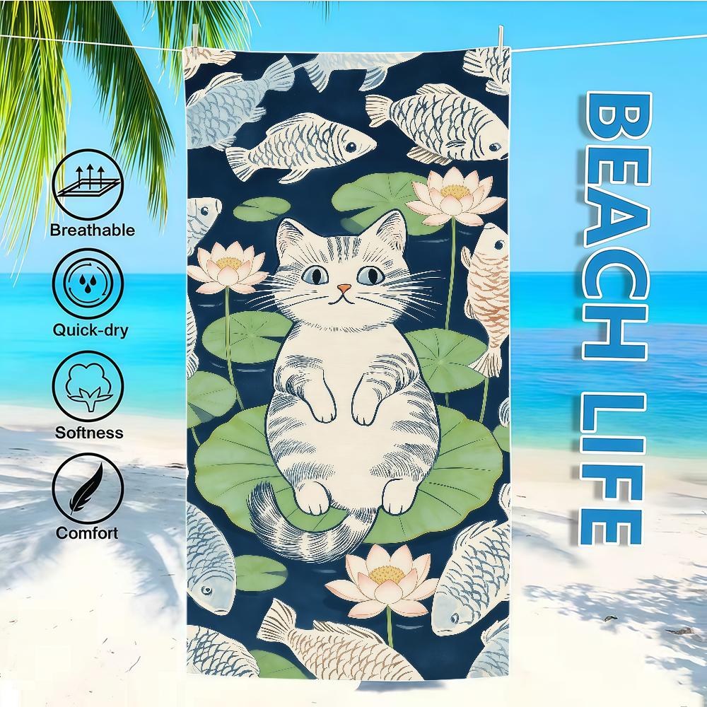 Fish Towel Textile Bathrobe Beach Pattern Quick-Drying Funny Cat Lightweight Portable Retro Camping Swim Pool Travel