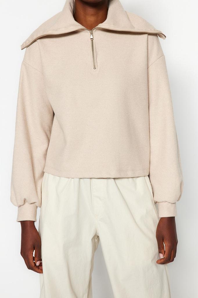 Women's Fashionable Stylish Sweatshirt Emerald Green Thessaloniki Knitwear Look Polo Neck Zippered Regular Knitted Sweatshirt