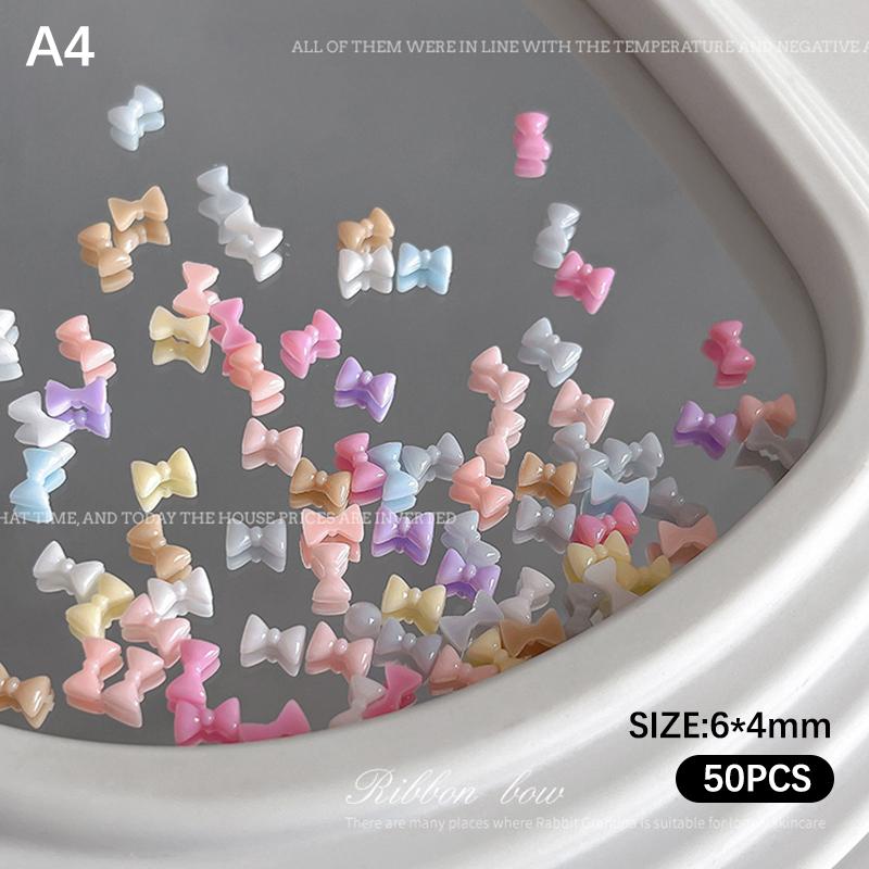 50pcs Nail Art Decor Accessories Candy Color Bow Nail Art Parts Charms Mini Resin Ribbon Nail Rhinestones DIY Summer