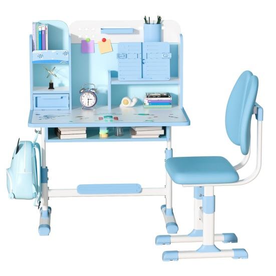 2Pcs/Set Kids Study Desk Chair Set Height Adjustable Study Table Chair Set with Sitting Corrector Ergonomic Desk Chair with Book Stand (Pink, Blue)