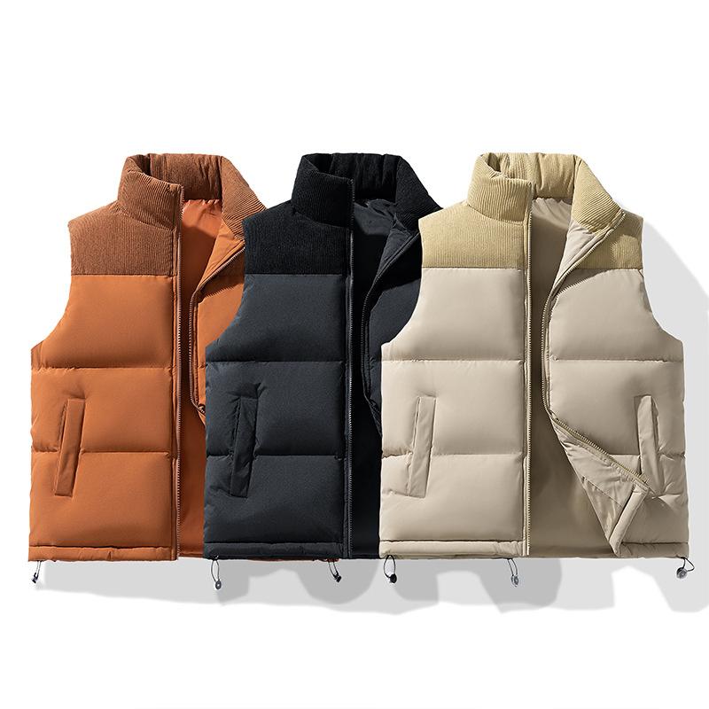 Men's Down Cotton Vest Autumn Winter Trend Corduroy Color Block Vest Thickened Warm Casual Sleeveless Jacket for Men