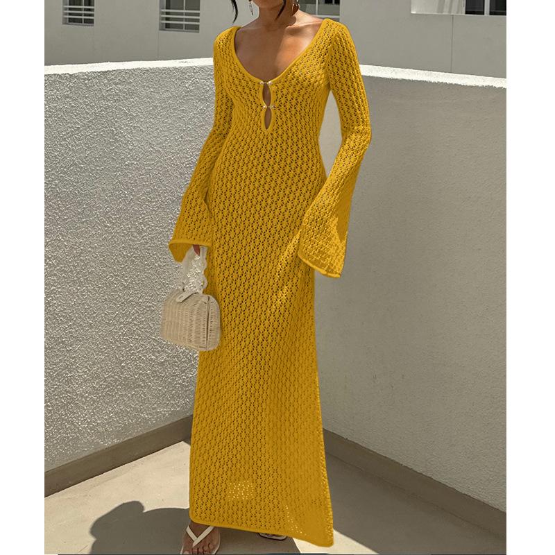 European-American V-Neck Hollow Texture Long-Sleeve Beach Dress