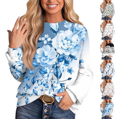 Женский модный принтованный ребристый топ с длинными рукавами и заниженной линией плеча, свободный топ с круглым вырезом