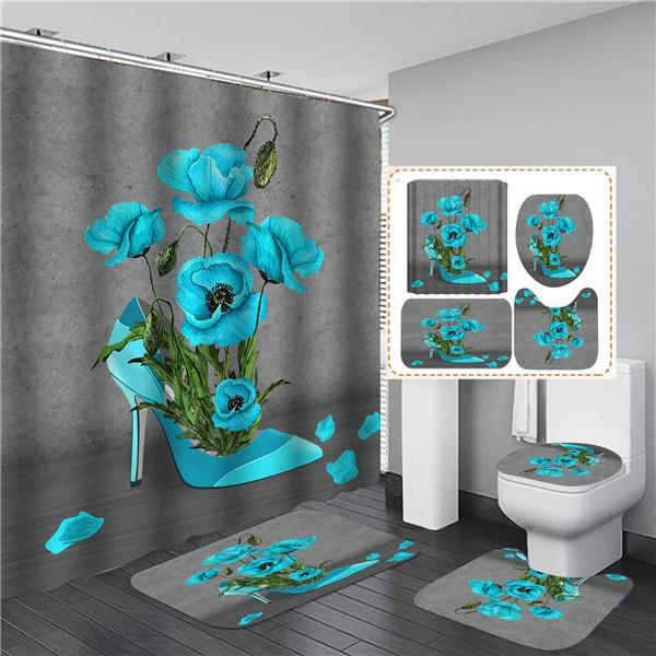 Водонепроницаемые наборы занавесок для душа с ковриками с цветочным принтом Товары для ванной комнаты Чехол на сиденье унитаза Нескользящий напольный коврик Коврики для туалета Ковер