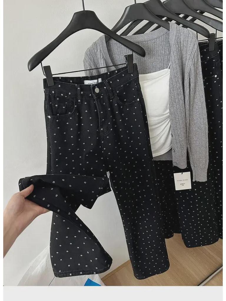 Женские широкие джинсы с высокой талией в черный горошек на осень - Большие размеры