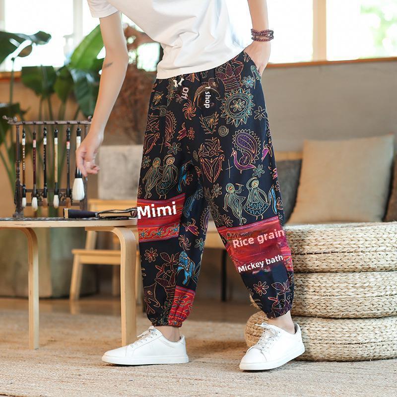 Мужские льняные брюки широкого покроя в тайском стиле с цветком кешью
