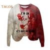 Women Sweatshirt 3D Bloodstain Print Round Neck Casual Halloween Haunted House Cosplay Top Long Sleeves Loose Hoodie