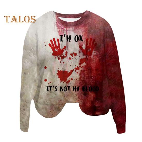 Women Sweatshirt 3D Bloodstain Print Round Neck Casual Halloween Haunted House Cosplay Top Long Sleeves Loose Hoodie