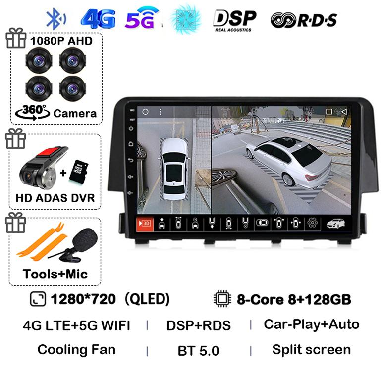 Android 14 Беспроводной Carplay Auto Для Honda Civic 2016 2017 2018 2019 2020 Автомагнитола Стерео Мультимедийный Плеер GPS 4G+WIFI DSP
