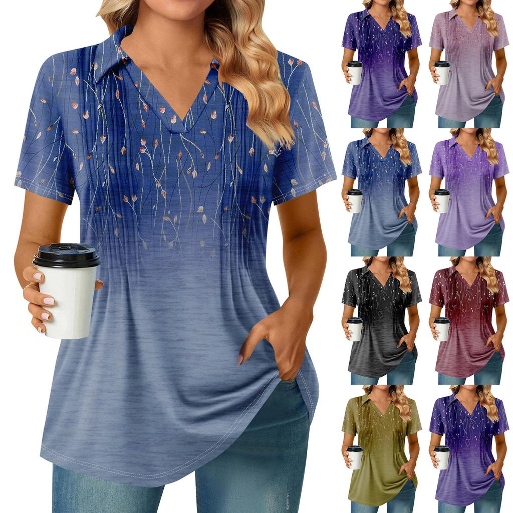 Женские футболки с коротким рукавом, плиссированные, с V-образным вырезом, с принтом, с воротником, летние топы, модные, деловые, повседневные, рабочие