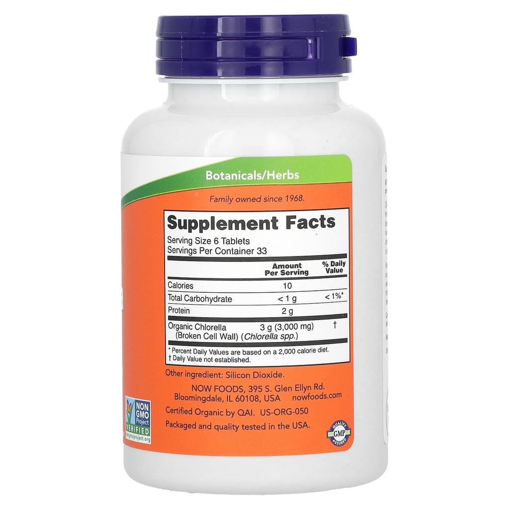 Now Foods Certified Organic Chlorella, 3,000 Mg, 200 Tablets (500 Mg Per Tablet)