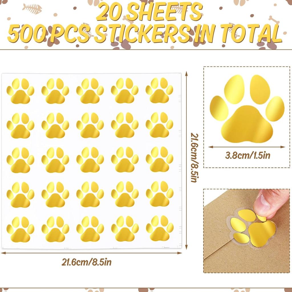 Whaline 500Pcs Paw Prints Stickers Gold Foil Dog Paw Envelope Seal Stickers Puppy Paw Sealing Labels Self-Adhesive Stickers for Kindergarten