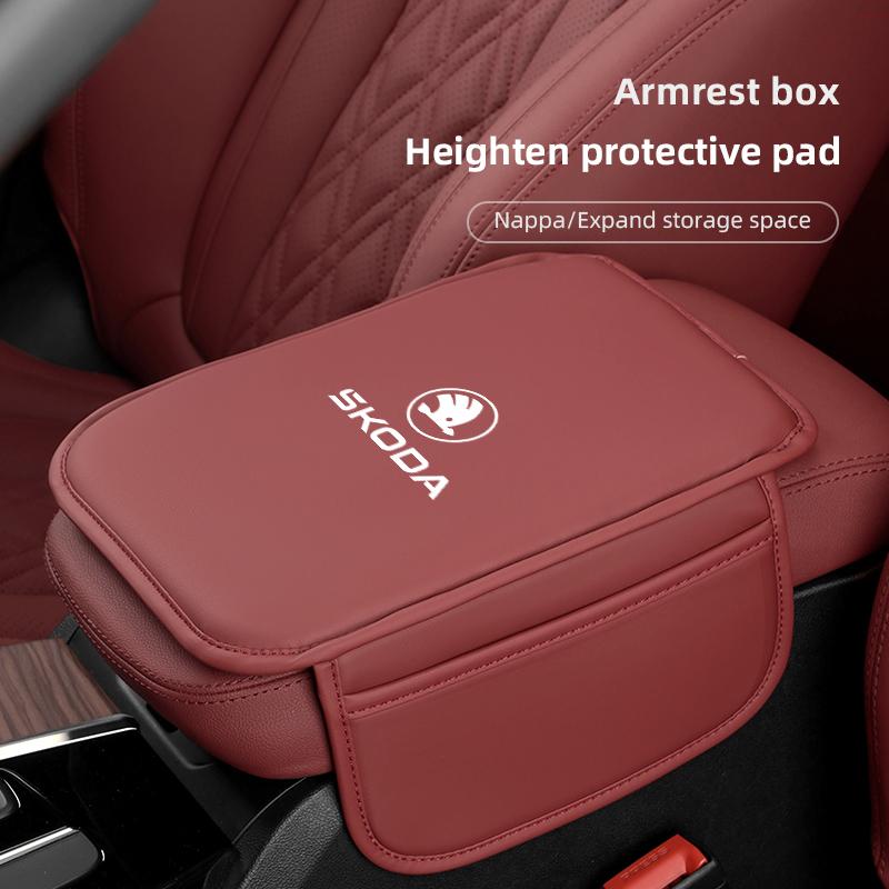CWWR6 Leather Car Armrest Box Pad Central Arm Rest Storage Pocket Protective Cover For New Skoda Octavia Kodiaq Fabia Superb Karoq