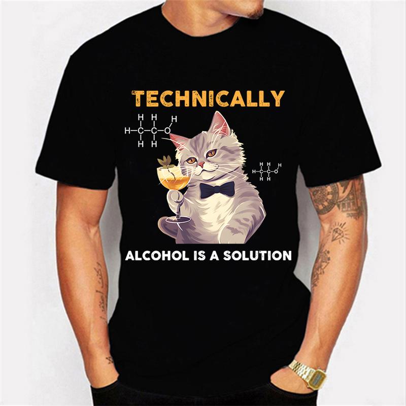 Technically Alcohol Is A Solution Graphic Tshirt Funny Cat Drinking Beer Tshirt Fashion Harajuku T-shirt Women Men Tops