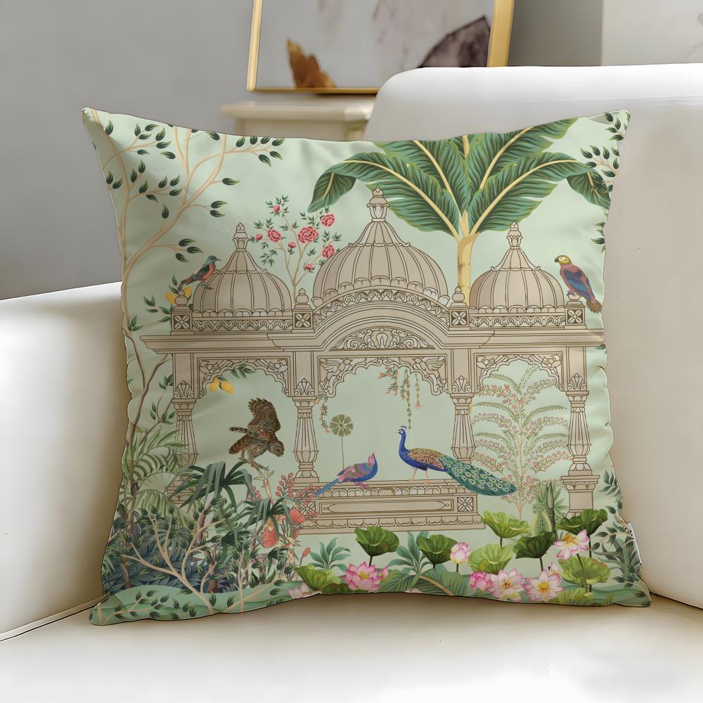 Classic Mughal Garden With Peacock Cushion Cover Soft & Easy-Wash Pillow Case – Versatile For Couch, Bed, Travel And Office