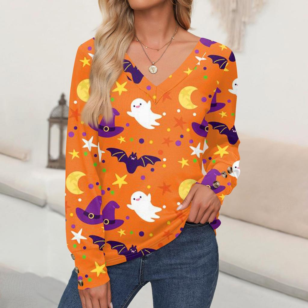 Женские топы с принтом на Хэллоуин, рубашка с длинным рукавом, V-образный вырез, повседневная свободная футболка, осенняя одежда