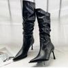 Fashion Pointed Pleated High Barrel Boots Women Trendy Thin Heel Stacked Boots High Heel Knee High Long Barrel Boots