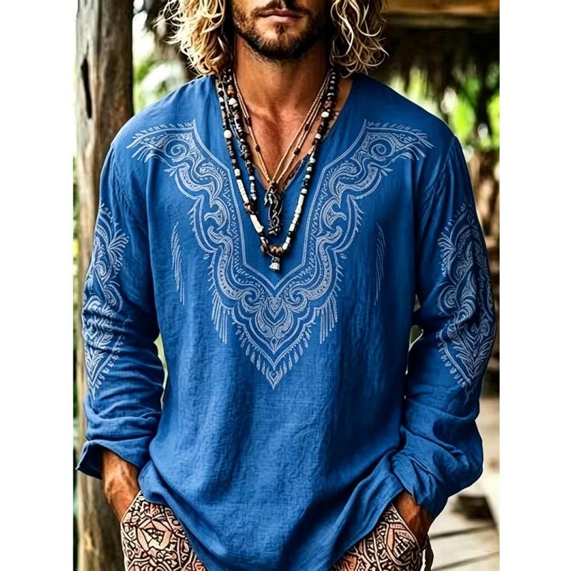 New large-sized men's Bohemian-style beachwear, V-neck long-sleeved T-shirt. Suitable for camping, fishing and various outdoor activities.