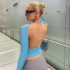 Backless Long Sleeves Blue Y2K Crop Top Women Casual O Neck T Shirts Sexy Vintage Cut Out
