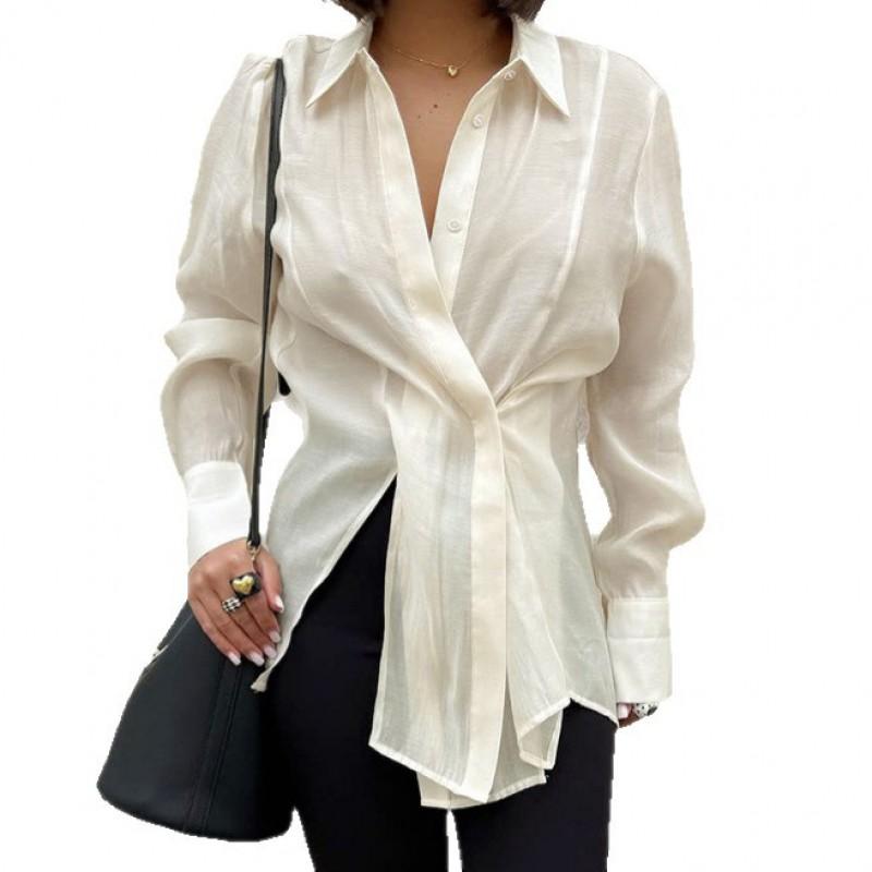 Womens Relaxed Fit Long Sleeve Shirt With Asymmetrical Collar Side Slit Tencel Blend Lightweight Top Office Casual Wear