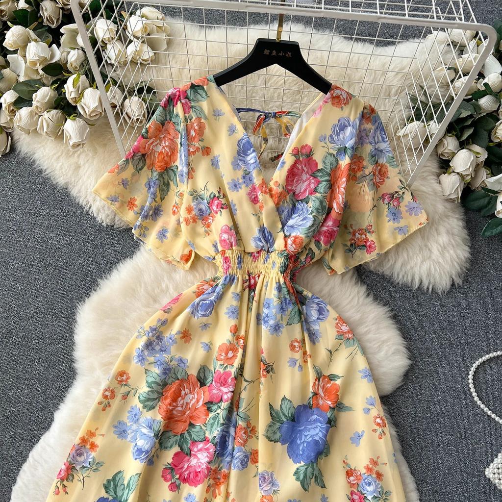 Морское праздничное шифоновое платье с принтом, женское летнее новое обтягивающее талии с v-образным вырезом средней длины, большая распашная юбка, модная