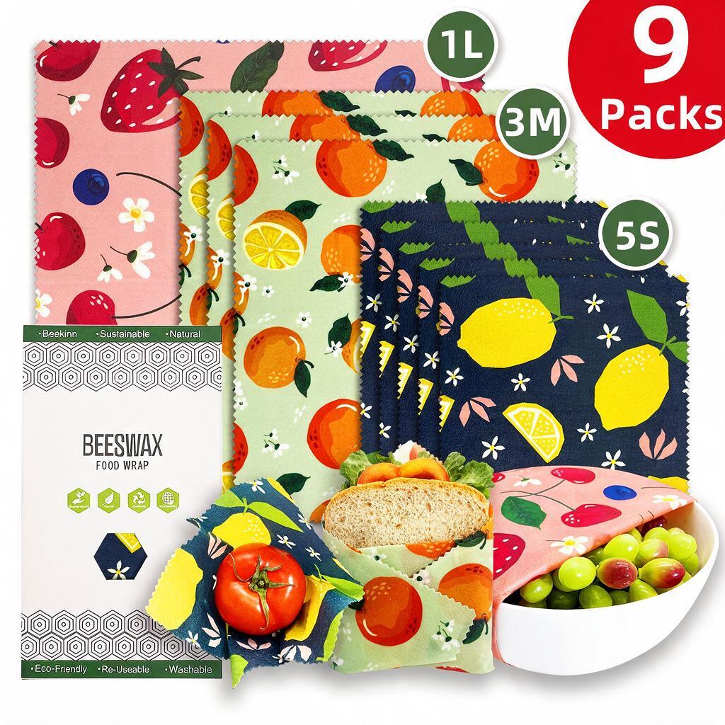 9 Pack Beeswax Food Wraps, Food Grade Reusable Beeswax Cloth, Eco-Friendly Food Storage Wraps