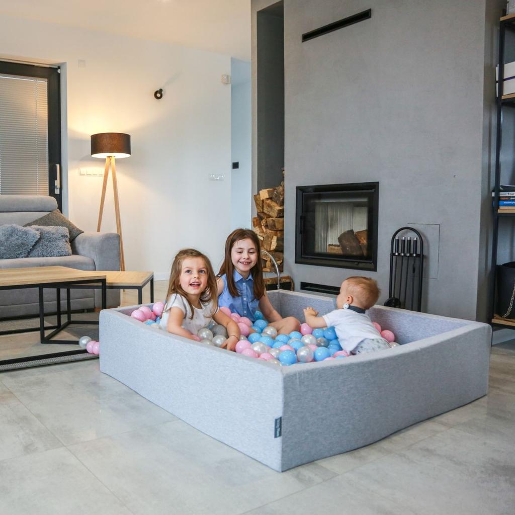 KiddyMoon Soft Ball Pit Square 120x30cm/600 Balls Balls 7cm / 2.75in for Kids, Light Grey:pearl-grey-transparent-bblue-mint