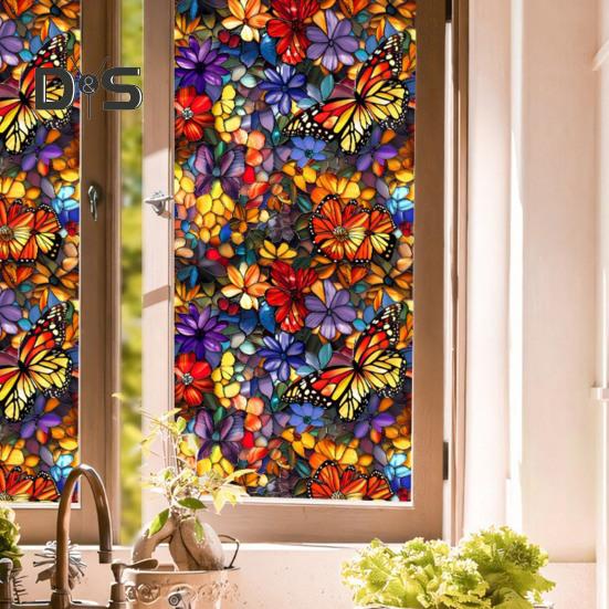 Stained Glass Static Window Film Vintage Flower Privacy Protection Sun Blocking Glass Cling Waterproof PVC Window Covering Film